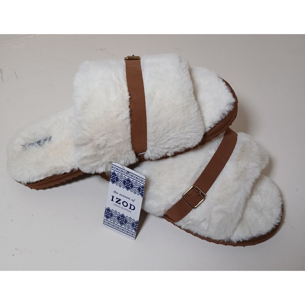 NEW IZOD Women's Super Soft Slippers Winter Warm Ivory Slip On Womens 11/12 #A2
